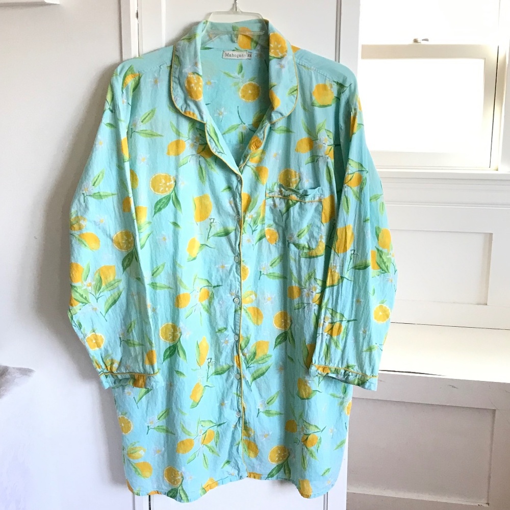 Hogan Lemon-Print Cotton Sleep Shirt - Aqua/Yellow